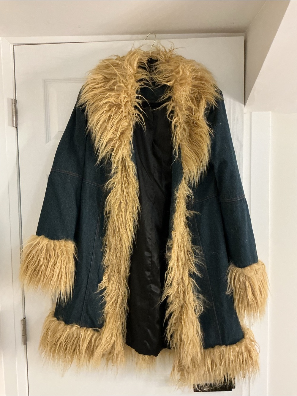 Womens Dark Denim PennyLane Jacket with Tan Faux Fur Trim